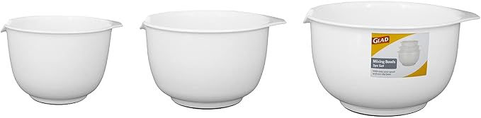 Glad Mixing Bowls with Pour Spout, Set of 3 | Nesting Design Saves Space | Non-Slip, BPA Free, Dishwasher Safe Plastic | Kitchen Cooking and Baking Supplies, White