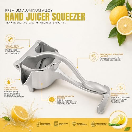 Hand Juicer Squeezer, Manual Citrus Juicer Press – Heavy Duty Aluminum Alloy Lemon Lime Orange Squeezer, Handheld Juice Press for Pomegranate & Citrus Fruits, Easy to Clean, Dishwasher Safe