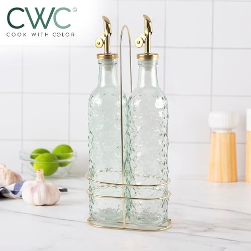 COOK WITH COLOR Glass Olive Oil Bottle Dispenser - 2 Pack- 17oz Oil and Vinegar Cruet - Olive Oil Carafe Decanter for Kitchen, Floral, Green