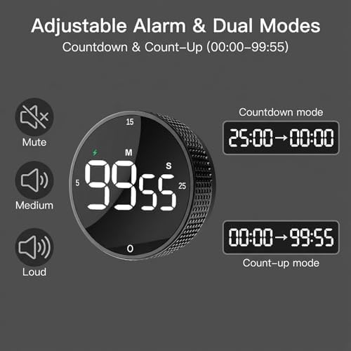 Rechargeable Magnetic Kitchen Timer with Rotary Dial, LED Display