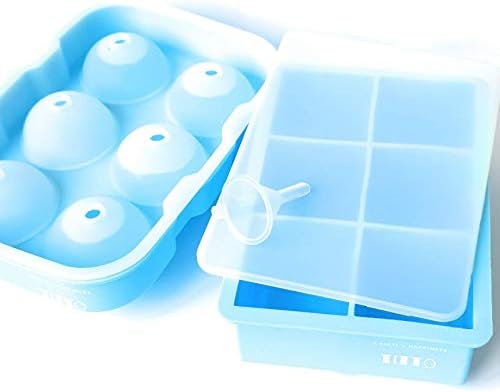 Titto Ice Cube Trays (Set of 2), Silicone Sphere Whiskey Ice Ball Maker with Lids & Large Square Ice Cube Molds for Cocktails & Bourbon - Reusable & BPA Free