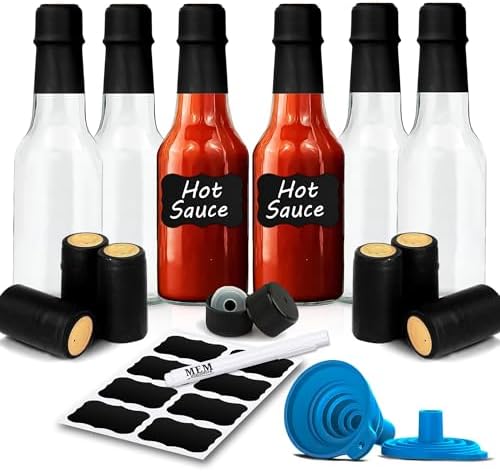 Clear Glass Hot Sauce Bottle (woozy) with Black Cap and Orifice Reducer 8.5 oz - (6 Pack) - Empty Wine Bottles with Shrink Capsules Bands, Labels, Silicone Collapsible Funnel and Chalk Marker Included