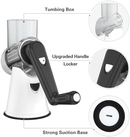 Cambom Rotary Cheese Grater Hand Crank Cheese Shredder for Fresh Cheese, Vegetable, Nuts,Non-slip Suction Base, Three Blades, Black White