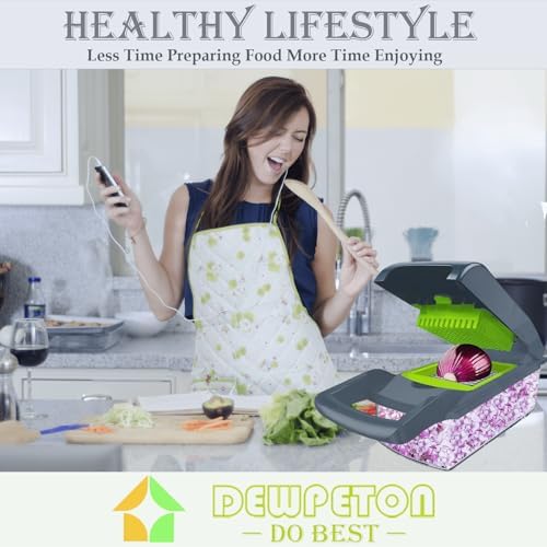Vegetable Chopper Dicer with Container | Cheese Grater Mandoline Slicer Cabbage Shredder French Fry Cutter Stainless Steel for Veggie Onion Potato Fruit Food, Manual Hand Cooking Gadget for Kitchen
