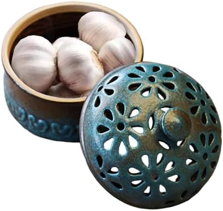 Garlic Keeper, Porcelain Garlic Storage Pot Peacock Blue Holder with Lid Hollow Flower Ceramic Jar Storage Container for Kitchen.