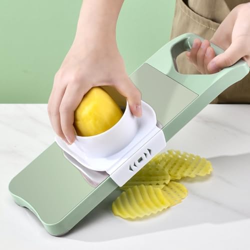 Vegetable Chopper, Mandoline Food Slicer Cutter with Handheld Container, 6 Blades and Blade Box, Cucumber Slicer, Magnetic Kitchen Tools for Veggie Potato Onion Carrot (Green(No magnet), 7 in 1)
