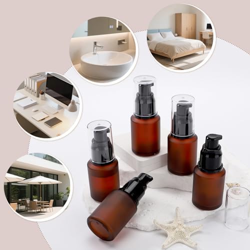 Segbeauty 1oz Frosted Glass Travel Pump Bottle, 5pcs 30ml Travel Bottles for Toiletries, Refillable Cosmetic Containers for Women, Empty Red Lotion Dispenser with Pump, Leak Proof Makeup Dispenser