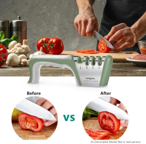 Longzon 5-in-1 Knife Sharpener 4 Stage with Cut-Resistant Glove, Gray+Green