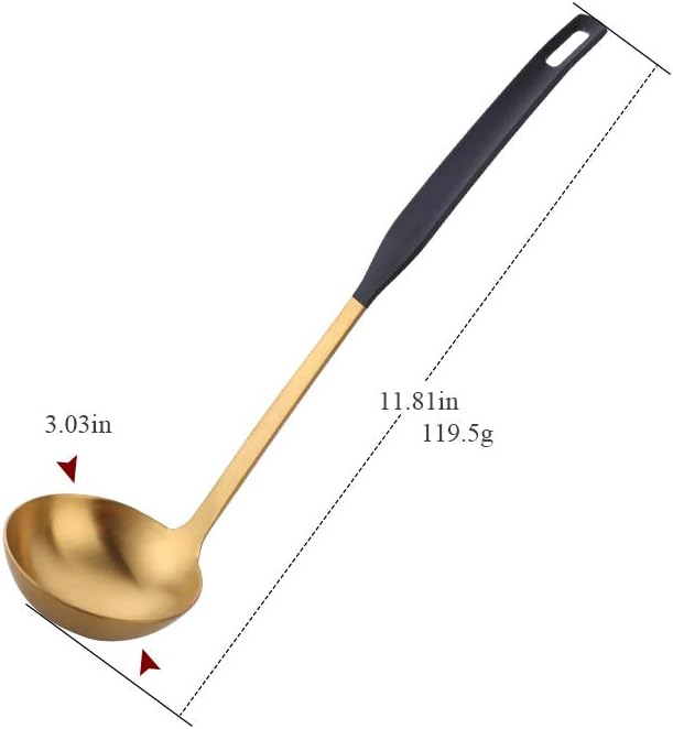 Buyer Star 2 Pcs Soup Ladle Spoons,Gold Black Cookware Serving Long Handle Steel Slotted Spoon Cooking Utensil Set for Hotpot
