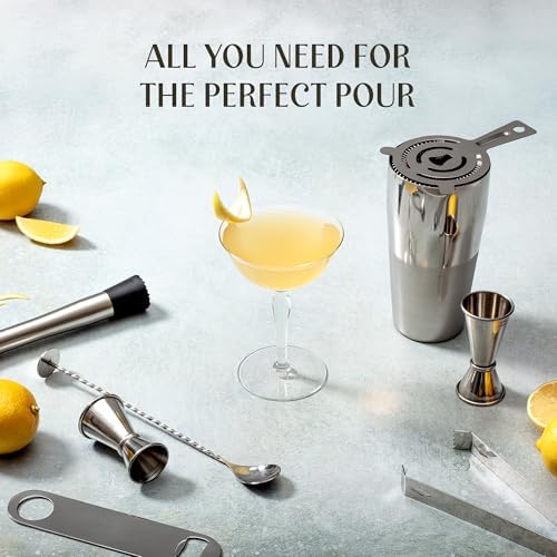 Mixology & Craft All-in-One Stainless Steel Cocktail Shaker Kit with 24 oz Cobbler Shaker, Includes Strainer, Muddler, Spoon, Jiggers, Pourers, Picks, Tongs, Bottle Opener - Gift-Ready Package Tube