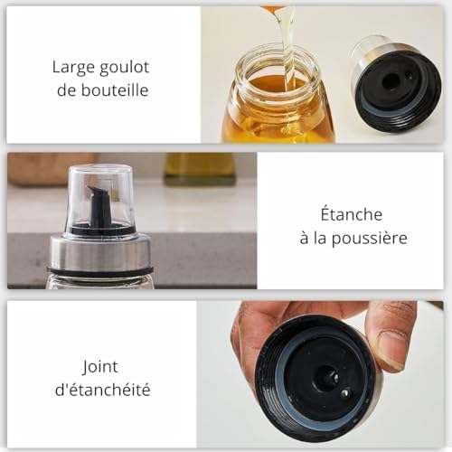 PARENCE. - Oil Bottle 200 ml with Pouring Cap - Glass and Stainless Steel Dispenser - Container for Oil, Vinegar, Sauce - 6.5 x 6.5 x 12.5 cm - Precise and Dripless Pouring