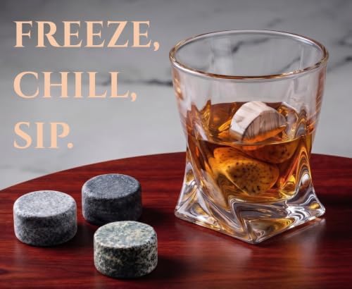 Mixology & Craft Whiskey Stones Gift Set for Men | Whiskey Glass and Stones Set with a Classy Gift Box and 6 Granite Round Whiskey Stones | Whiskey Lovers Gifts for Men, Dad, Husband, Boyfriend