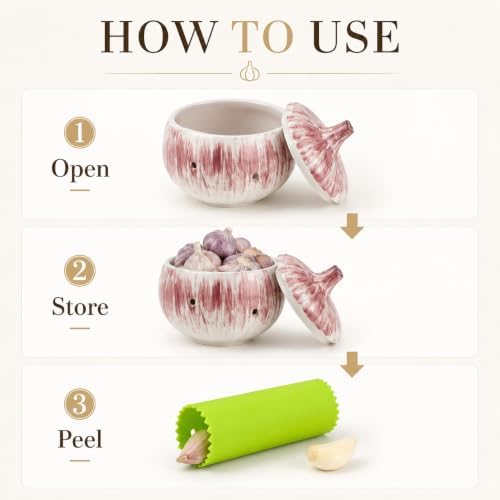 1 Set Garlic Keeper for Counter with Lid, 5.12 x 5.51 in Ceramic Storage Jar with Vent Holes, Includes Silicone Peeler Tube, Compact Kitchen Container for Bulbs, Pantry and Daily Home Cooking