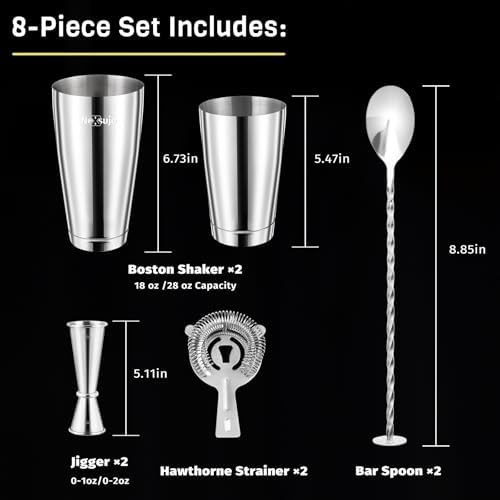 Boston Cocktail Shaker, 8-Piece Professional Shaker Set, Stainless Steel Bar Tools Set with Boston Shaker, Bar Spoon, Jigger, Hawthorne Strainer, Dishwasher Safe, Ideal Bartender Kit for Bar