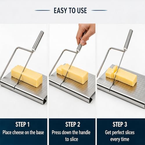 Cheese Slicer,Stainless Steel Cheese Slicer & Wire Cutter – Adjustable Thickness Board for Block Cheese, Butter, and Food Cutting, Heavy Duty