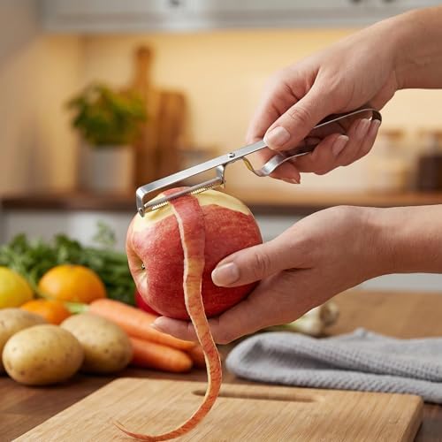 Stainless Steel Double-Headed Peeler - Professional Vegetable Fruit Peeler with Potato Eye Remover, Ergonomic Non-Slip Handle, Dishwasher Safe Kitchen Tool for Apples, Potatoes, Carrots