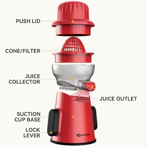 KEOUKE Manual Citrus Juicer Tower Red - Detachable with Juice Storage, Non-Slip Suction Base, Easy to Clean, Includes Cleaning Brush - for Oranges, Lemons, Limes, Grapefruits