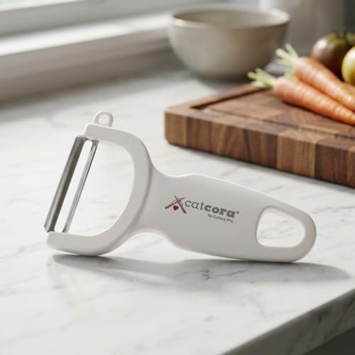CatCora Swiss-Style Peeler, Professional German Tempered Stainless Steel Blade For Peeling Fruits and Vegetables and Garnishing, Ergonomic Contoured Handle, White