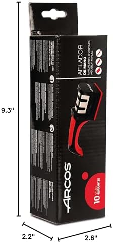 Arcos Sharpeners Manual Knife Sharpener tool. Made of ABS + TPE. Carbide and Ceramic Rollers. Keep Your Knives Razor Sharp. Black and Red Color