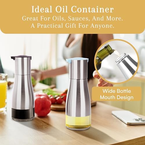 2LB Depot Oil and Vinegar Dispenser Set - Brushed Steel & Glass Containers with Anti-Drip Spout Lid - Easy-Clean - Olive Oil Dispenser Bottle - Minimalist Kitchen Accessory - 7.1"H x 2.7"L x 2.7"W