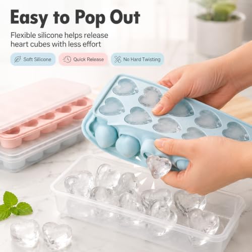 2 Pack Heart Shpaed Ice Cube Trays with Lids and Bins Ice Molds with Ice Storage Box, 48 Holes Silicone Heart Ice Cube Tray for Whiskey Cocktail Fun Shapes Cubes, with Lids & Bins