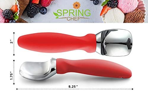 Spring Chef Red Heavy Duty Ice Cream Scoop - Stainless Steel Ice Cream Scooper with Non-Slip Handle - Premium Metal Kitchen Tool for Gelato, Sorbet, Melon - Dishwasher Safe Icecream Spoon