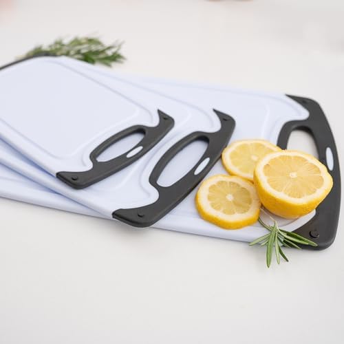 Cutting Boards for Kitchen, Plastic Cutting Board Set of Small to Large Size, Chopping Board with Cutting Board Holder - Non Slip, Groove, Dishwasher Safe, BPA Free - 3 Pack Black/White