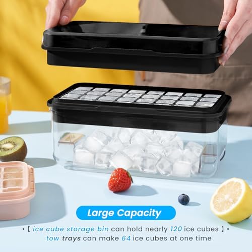 PHINOX 1" Ice Cube Tray with Lid and Bin, Easy Release 64 Cubes for Freezer