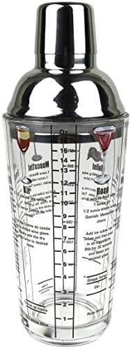 14 oz Recipe Glass Cocktail Shaker With Jigger & Strainer Top - Includes 6 Cocktail Drink Recipes (Wine Theme)