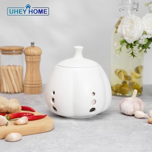 Ceramic Garlic Keeper for Counter, Large Garlic Storage with Lid Garlic Saver for Kitchen to Keep Your Cloves Fresh Longer, White