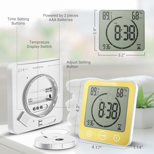 KADAMS Shower Clock Waterproof Bathroom Timer – Digital Wall Clock with Countdown, Magnetic Kitchen Clock with Temperature & Humidity, Suction Cup for Kids Shower Spa Sauna Cook Bath (Yellow)