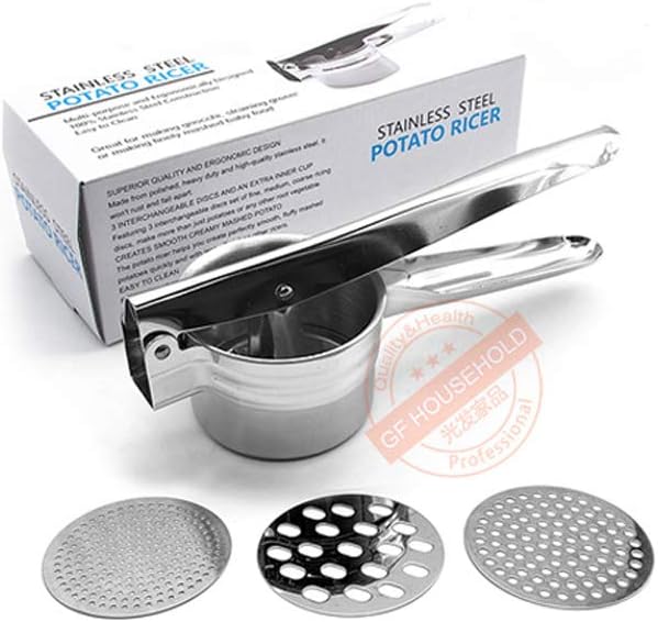 Premium Stainless Steel Potato Ricer Set with 3 Ricing Discs (Fine, Medium, Coarse) - Manual Masher, Baby Food Strainer, and Food Press with Ergonomic Comfort Grip. Dishwasher Safe