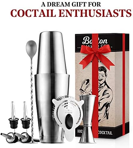 Boston Shaker Set Bartender Kit - 13 Piece Bar Set Cocktail Shaker Set - Drink Mixer for Home Bar with All Bar Accessories - Bar Tools: Cocktail Shaker, Jigger, Cocktail Strainer, Bar Spoon, Pourers.