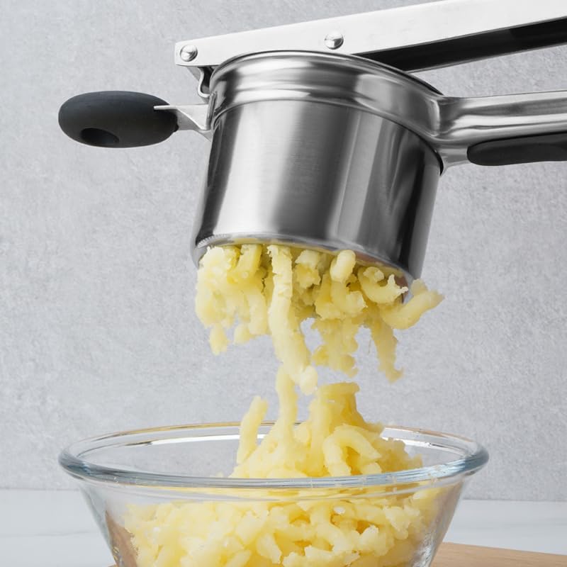Potato Ricer, Heavy Duty Stainless Steel Potato Masher and Ricer Kitchen Tool, Press and Mash Kitchen Gadget (Silicone handle), Silver