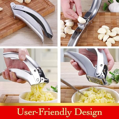 Heavy Duty Garlic Press, No Peeling Needed, Stainless Steel Professional Garlic Mincer & Crusher, Dual Lever-Assisted Design with Large Capacity Chamber for Effortless Garlic Crushing.