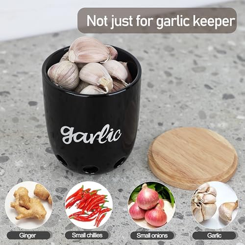 Ceramic Garlic Keeper for Counter with Wood Lid (Black)