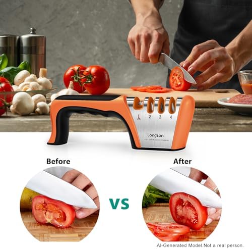 Longzon 5-in-1 Knife Sharpener 4 Stage and Cut-Resistant Glove,Black+Orange