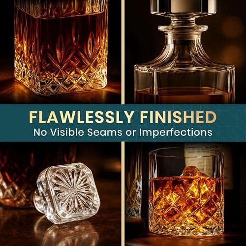 Whiskey Decanter Set for Men, Crystal Bourbon Decanter 24 oz with 4 Glasses