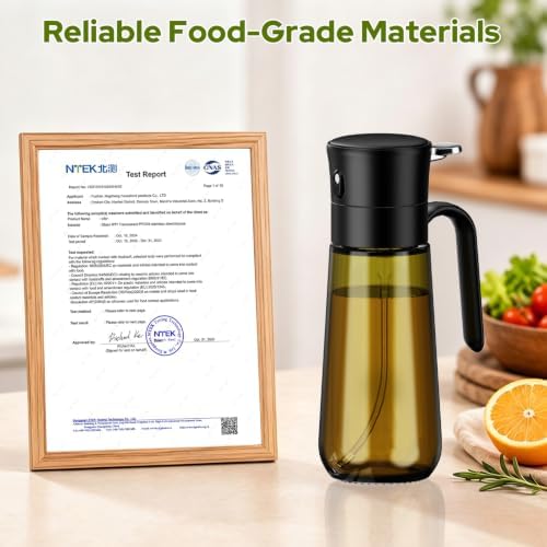 Olive Oil Spray Bottle with Basting Brush, 280ml Light-Proof Glass Oil Sprayer to Preserve Freshness, Ideal for Salad Dressing, Baking & Grilling