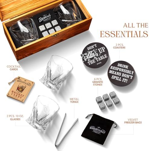 Mixology & Craft Whiskey Stones Gift Set - 12 Pieces (6 Granite Chilling Rocks, 2 10oz Old Fashioned Glasses, Coasters & Velvet Bag) In Wooden Box - Whiskey Gifts For Men, Whiskey Lover, Whiskey Set