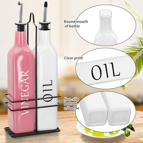 Farmhouse Oil and Vinegar Dispenser Set, 17 oz, beautiful olive oil dispenser, includes a black steel rack and a funnel, vintage cruets for vinegar and oil (White Oil & Pink Vinegar)