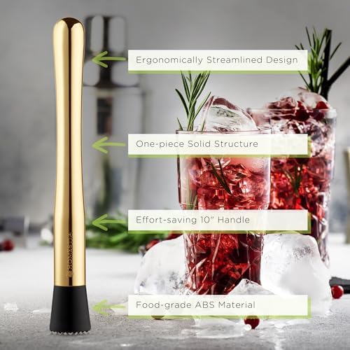 Homestia 10 Inch Muddler for Cocktails, Cocktail Muddler for Lemonade, Gold