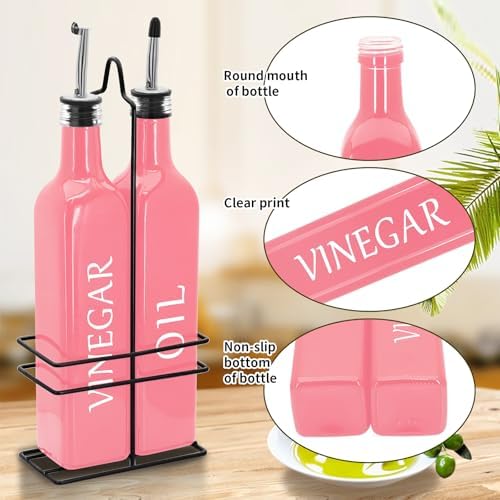 Farmhouse Oil and Vinegar Dispenser Set, 17 oz, beautiful olive oil dispenser, includes a black steel rack and a funnel, vintage cruets for vinegar and oil (Pink)