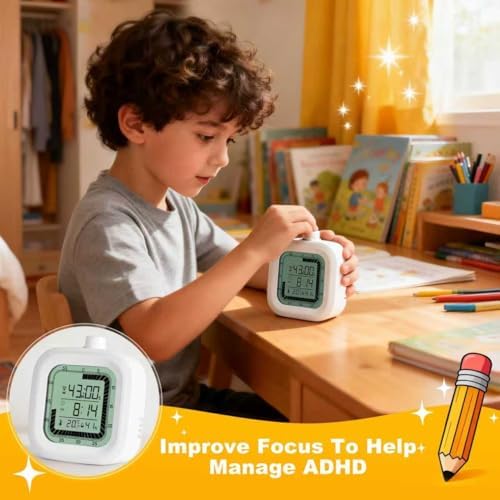 4 in 1 Visual Digital Timer Without Backlight, Easy Set Alarm Clock Humidity Temperature Monitor, Magnetic Wall Mount Kitchen Study Timer for Classroom Office Bedroom White