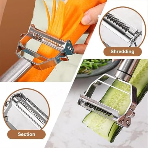 2 in 1 Peeler Julienne for Salad, Potato Peeler, Vegetable Slicer, Multi-Functional, Fruit Slicer, Adjustable Veggie Shredder, Kitchen Noodle Cutter, Stainless Steel (1)