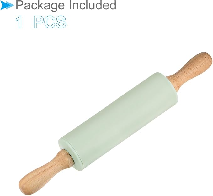 Silicone Rolling Pins, 12.2" Length, Silicone & Oak Non-Stick Ergonomic Wooden Handle Fondant Dough Roller Light Green - (Applications: for Baking DIY Projects)