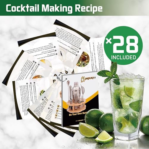 Cocktail Shaker Set Bartender Kit with Rotatble Bamboo Stand,11 Piece Bar Set Stainless Steel Bar Accessories for Drink Mixing, Bar, Home, Party (Silver)