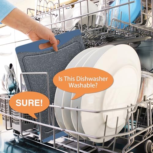Extra Large Cutting Boards, Plastic Cutting Boards for Kitchen (Set of 3) Cutting Board Set Dishwasher Chopping Board with Juice Grooves Easy-Grip Handles, Prussian Blue, Empune