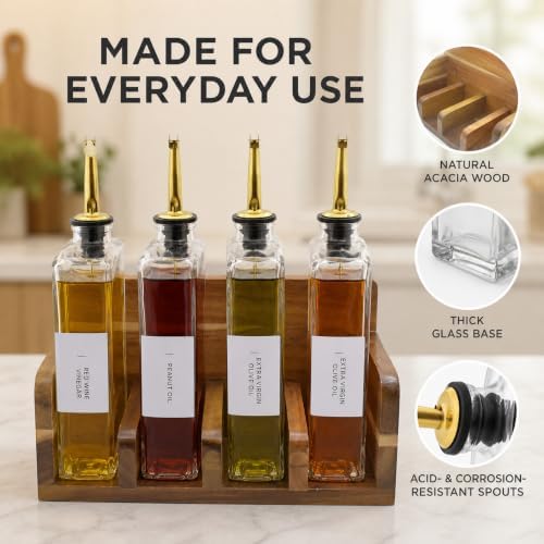 Oil and Vinegar Dispenser Set — 4 Glass Bottles with Open Bookshelf Acacia Wood Tray | 4 Pour Spouts, Silicone Funnel & Labels | Countertop Olive Oil Organizer for Kitchen (4, Clear, 12, ounces)