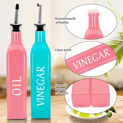 Olive Oil Dispenser Bottle,2 Pcs 17oz 500ml Glass O il and Vinegar Dispenser Set with 2 Stainless Steel Pourers, 8 Labels,Funnel Vinegar Bottles for Kitchen (Pink Oil & Turquoise Vinegar)